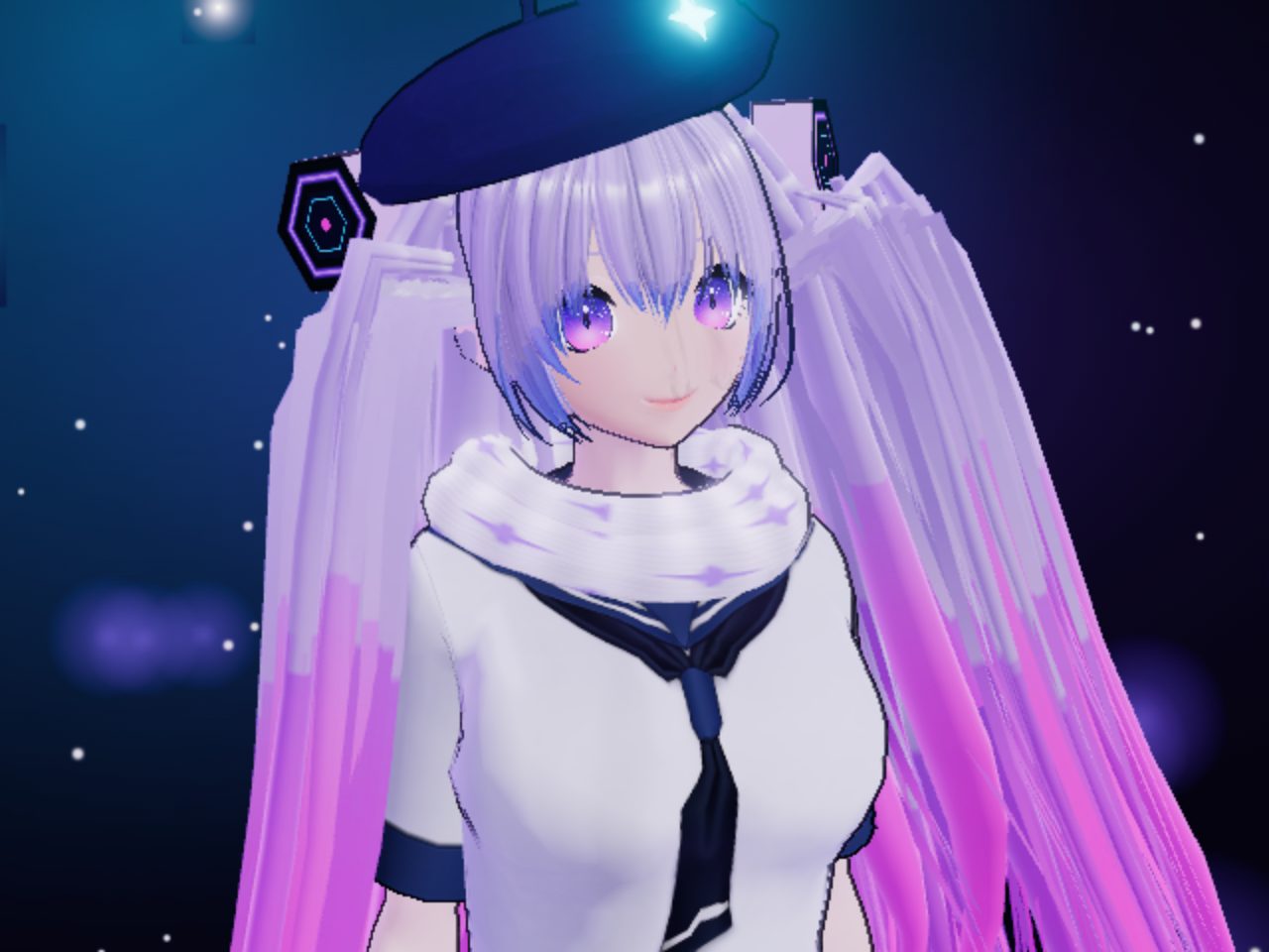 Reizora in a star beret and scarf under the stars